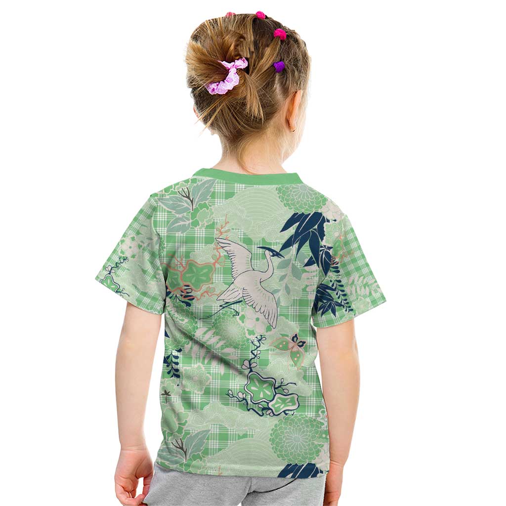 Green Palaka Crane and Flowers Kid T Shirt Japan Heritage Spirit - Polynesian Pride