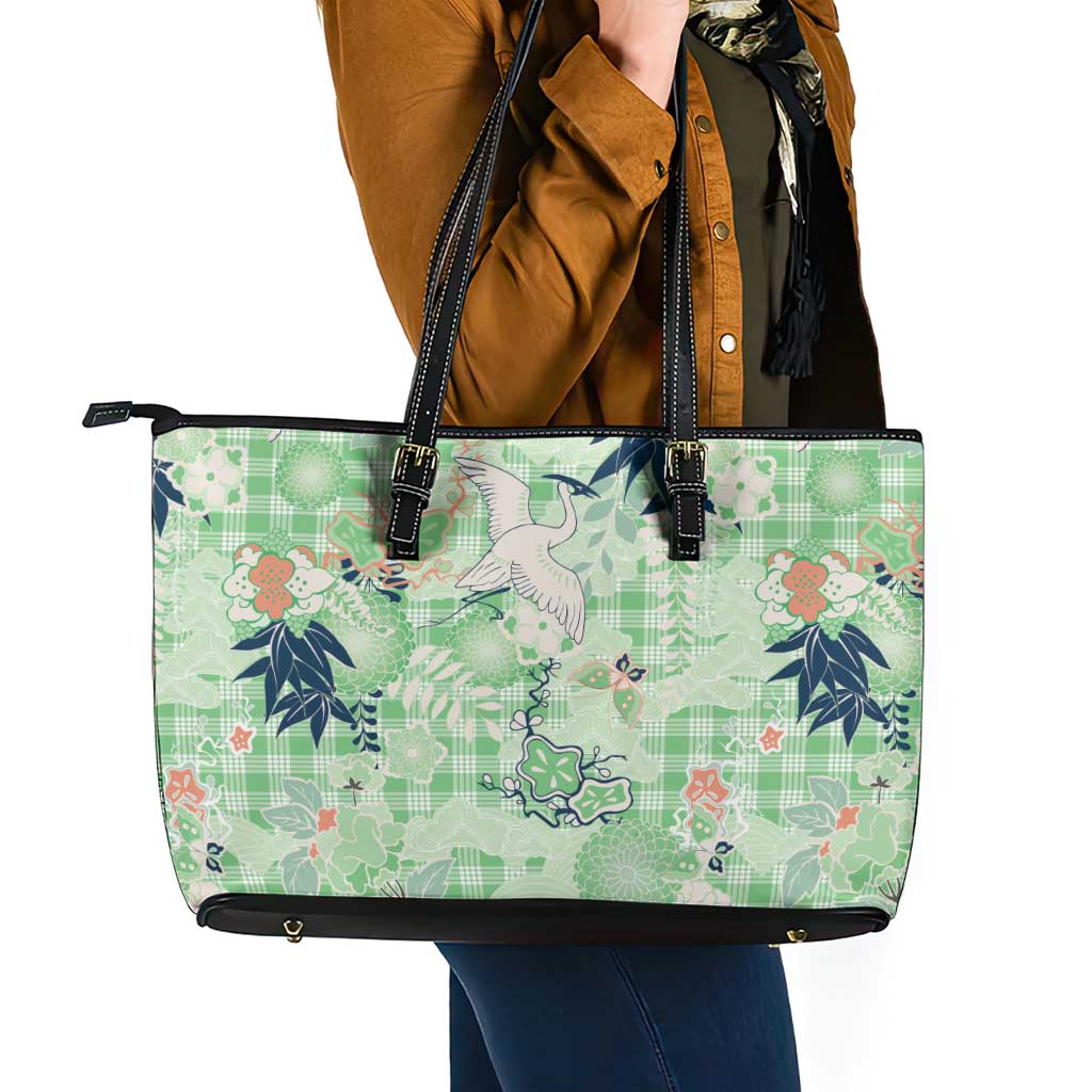Green Palaka Crane and Flowers Leather Tote Bag Japan Heritage Spirit - Polynesian Pride