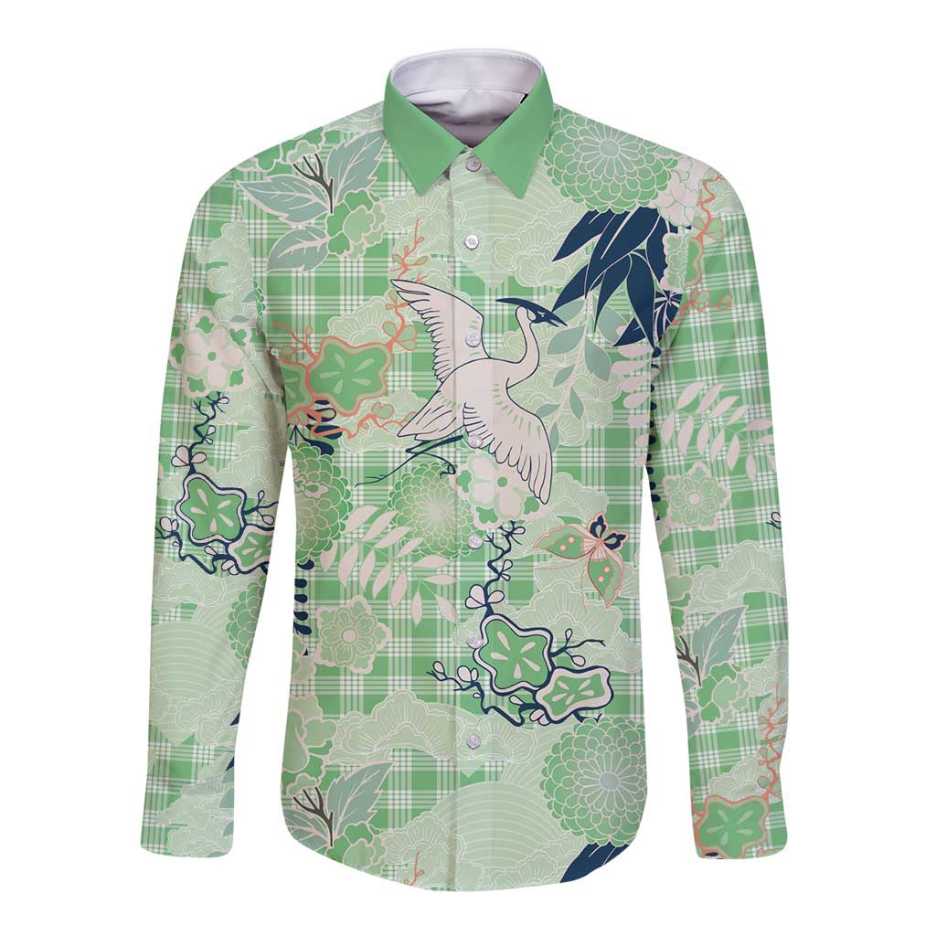 Green Palaka Crane and Flowers Long Sleeve Button Shirt Japan Heritage Spirit - Polynesian Pride
