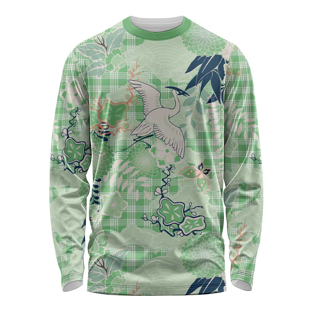 Green Palaka Crane and Flowers Long Sleeve Shirt Japan Heritage Spirit - Polynesian Pride