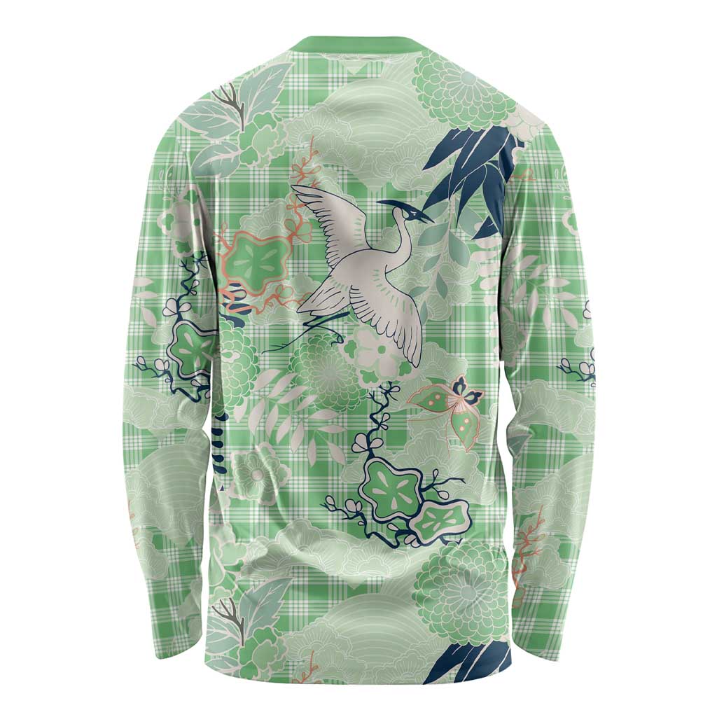 Green Palaka Crane and Flowers Long Sleeve Shirt Japan Heritage Spirit - Polynesian Pride