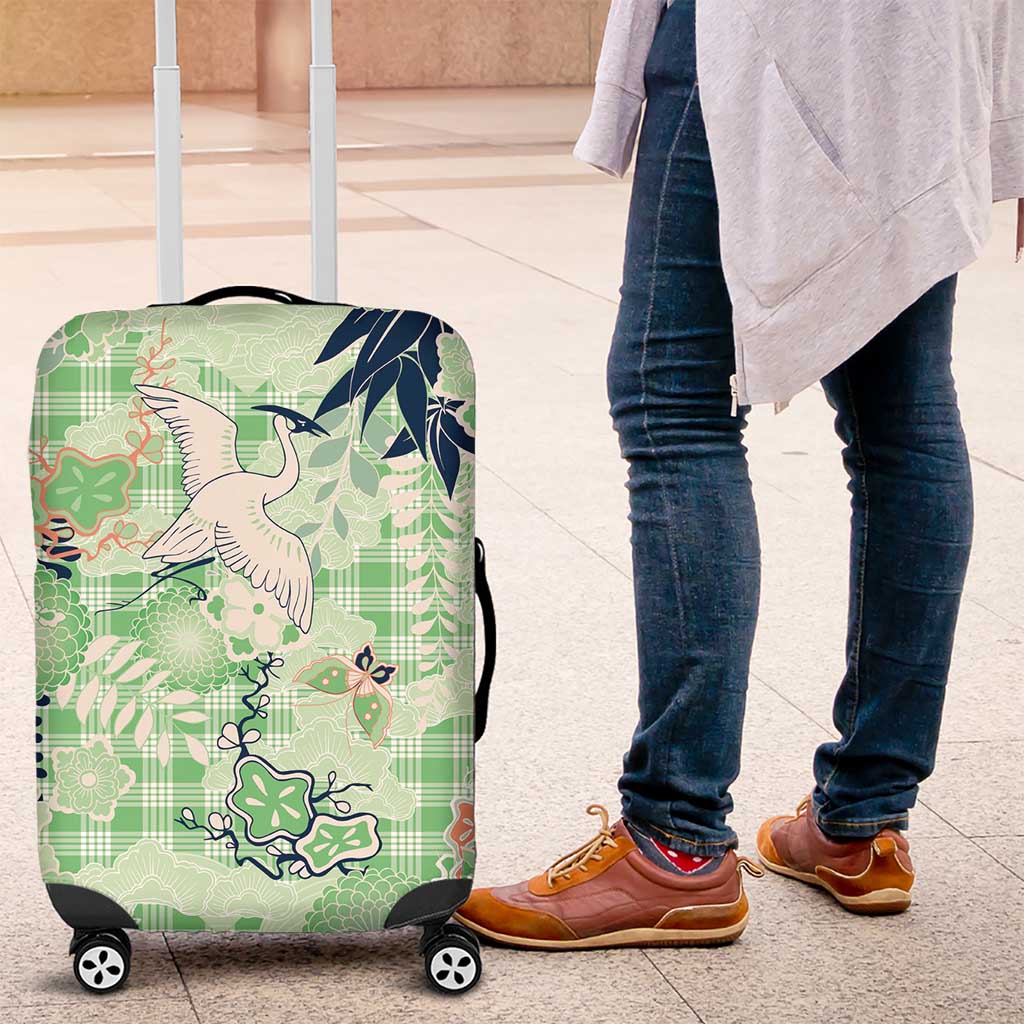 Green Palaka Crane and Flowers Luggage Cover Japan Heritage Spirit - Polynesian Pride