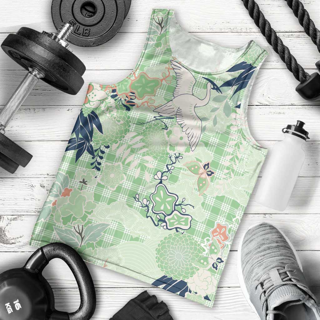 Green Palaka Crane and Flowers Men Tank Top Japan Heritage Spirit - Polynesian Pride