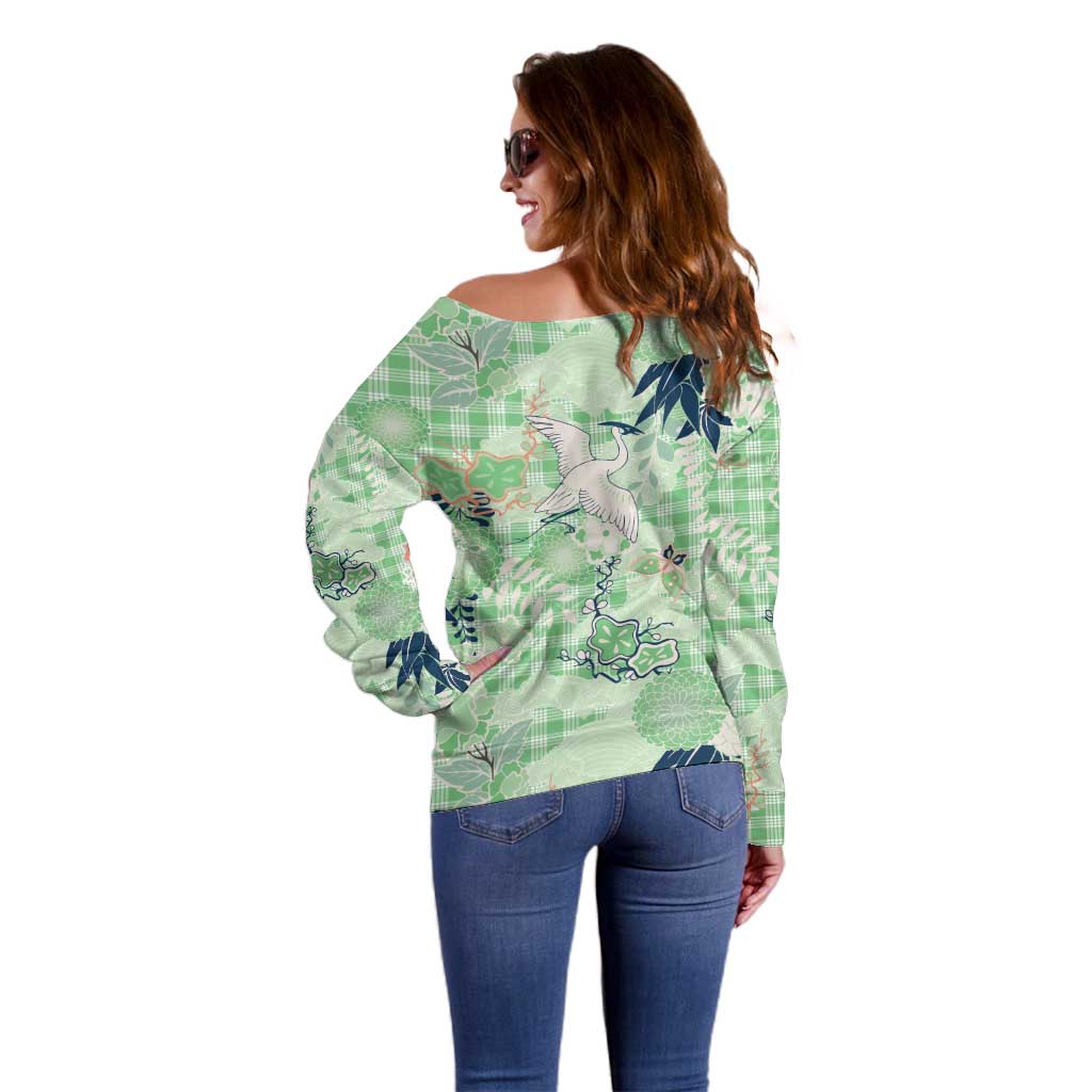 Green Palaka Crane and Flowers Off Shoulder Sweater Japan Heritage Spirit - Polynesian Pride