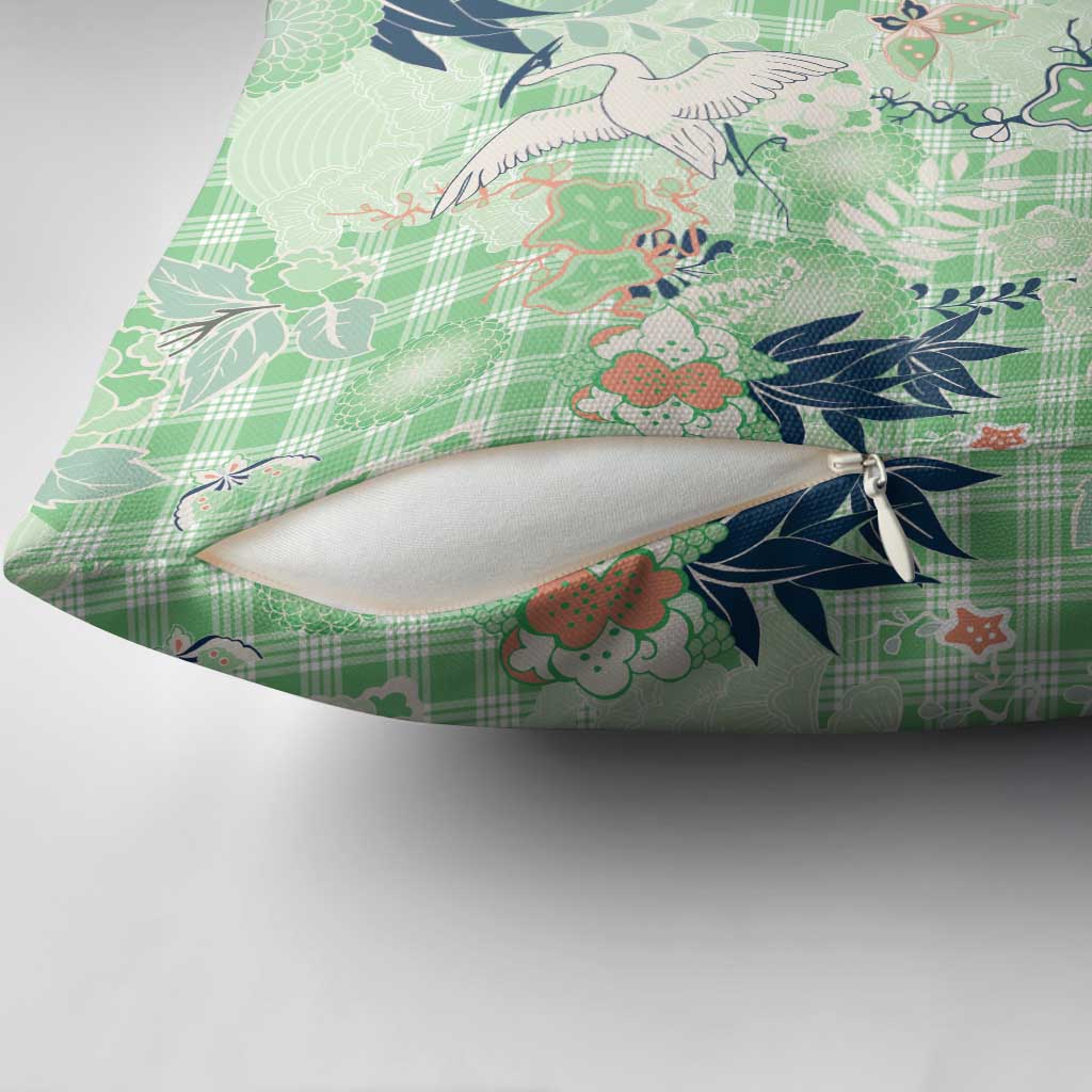 Green Palaka Crane and Flowers Pillow Cover Japan Heritage Spirit - Polynesian Pride