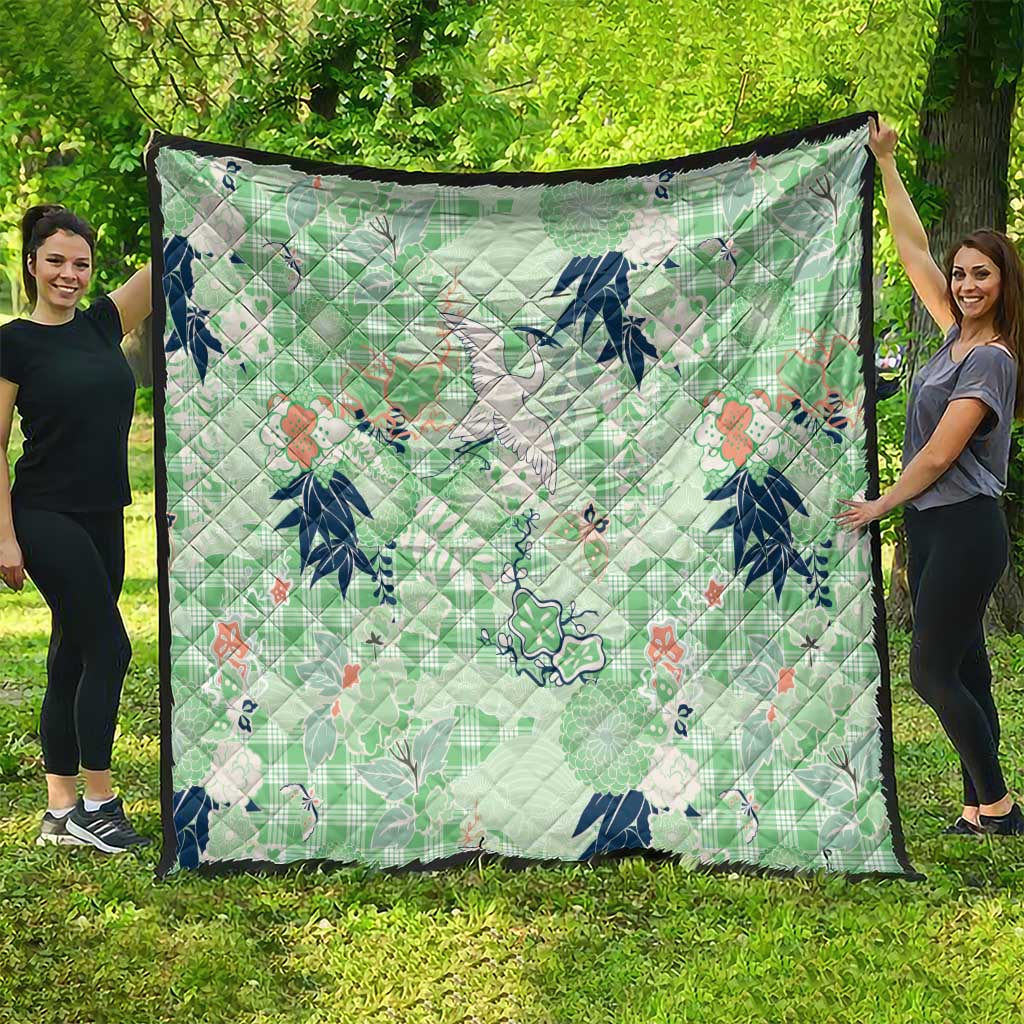 Green Palaka Crane and Flowers Quilt Japan Heritage Spirit - Polynesian Pride