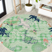 Green Palaka Crane and Flowers Round Carpet Japan Heritage Spirit - Polynesian Pride