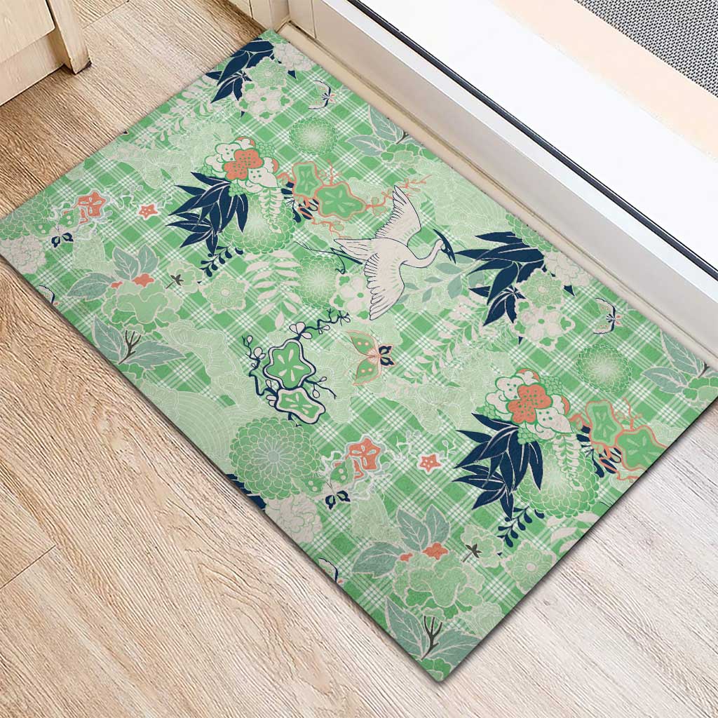 Green Palaka Crane and Flowers Rubber Doormat Japan Heritage Spirit - Polynesian Pride