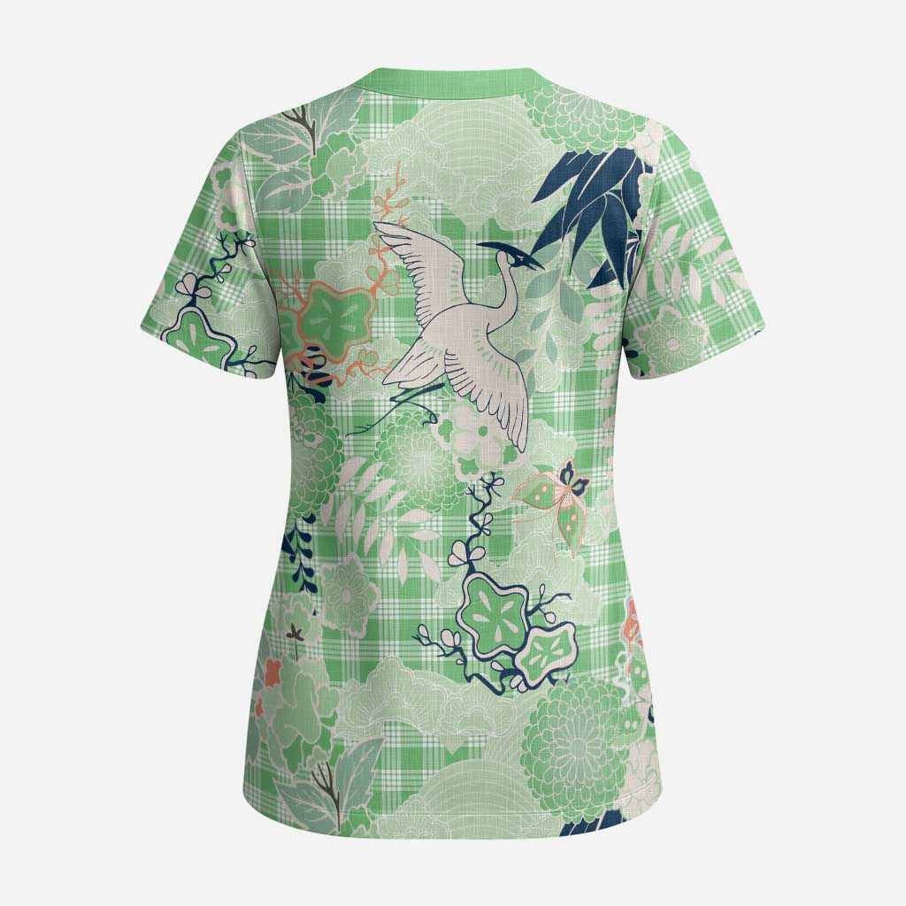 Green Palaka Crane and Flowers Scrub Top Japan Heritage Spirit - Polynesian Pride