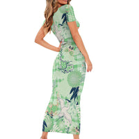 Green Palaka Crane and Flowers Short Sleeve Bodycon Dress Japan Heritage Spirit - Polynesian Pride