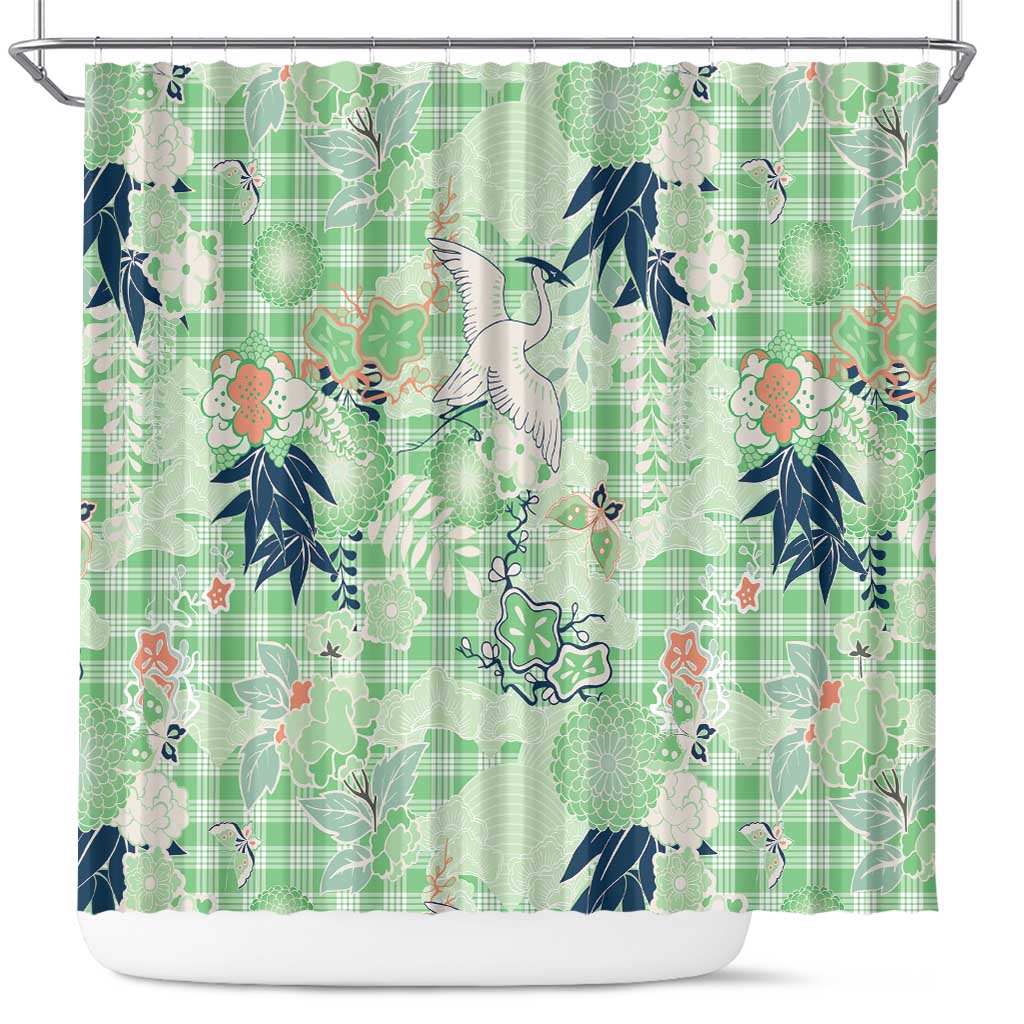 Green Palaka Crane and Flowers Shower Curtain Japan Heritage Spirit - Polynesian Pride