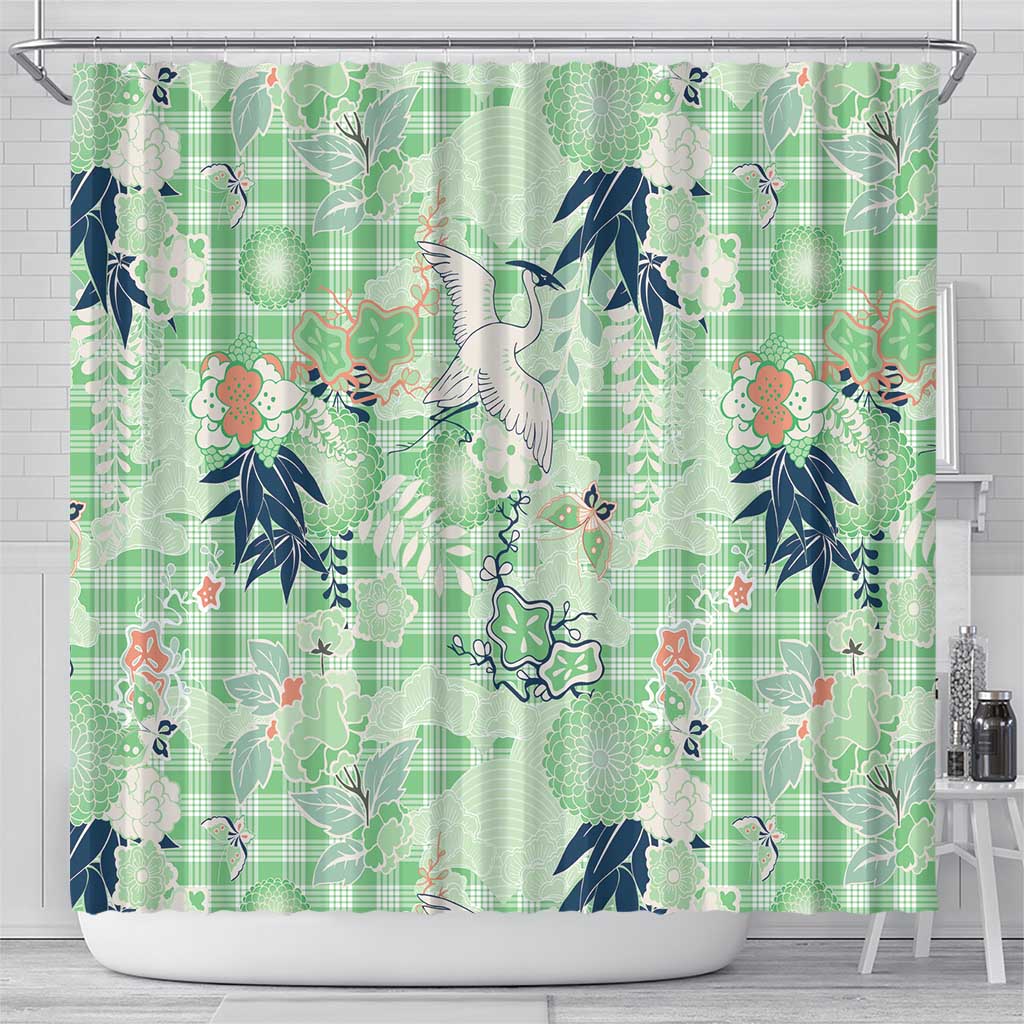 Green Palaka Crane and Flowers Shower Curtain Japan Heritage Spirit - Polynesian Pride
