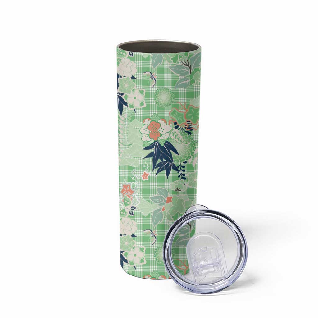 Green Palaka Crane and Flowers Skinny Tumbler Japan Heritage Spirit - Polynesian Pride