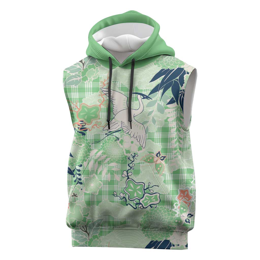 Green Palaka Crane and Flowers Sleeveless Hoodie Japan Heritage Spirit - Polynesian Pride