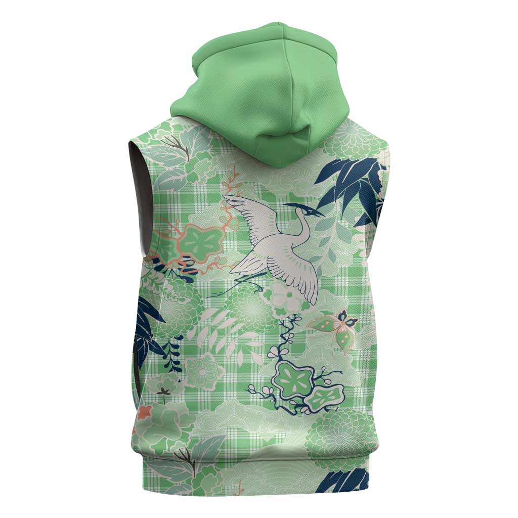 Green Palaka Crane and Flowers Sleeveless Hoodie Japan Heritage Spirit - Polynesian Pride