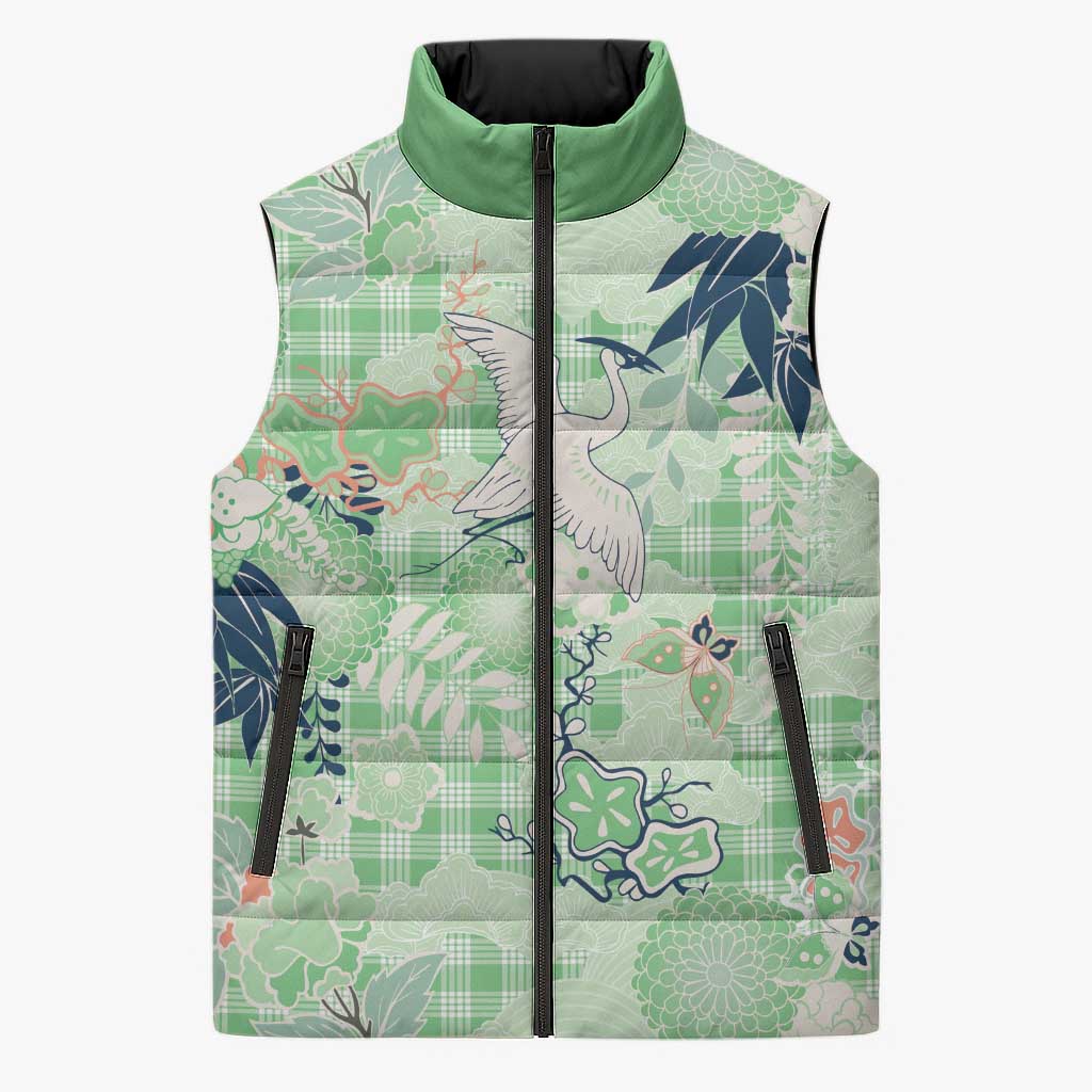 Green Palaka Crane and Flowers Sleeveless Puffer Jacket Japan Heritage Spirit - Polynesian Pride