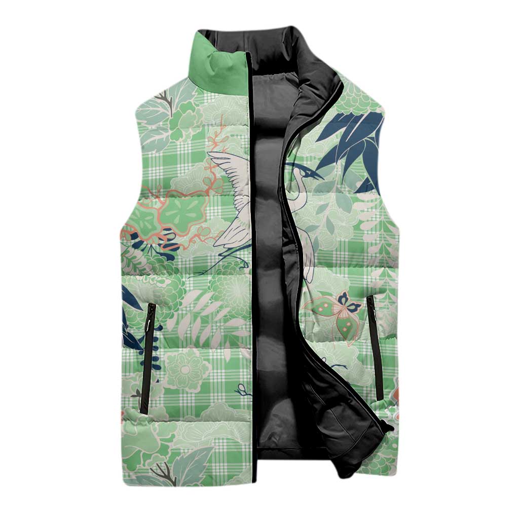 Green Palaka Crane and Flowers Sleeveless Puffer Jacket Japan Heritage Spirit - Polynesian Pride