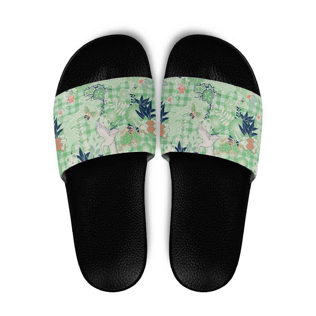Green Palaka Crane and Flowers Slide Sandals Japan Heritage Spirit - Polynesian Pride