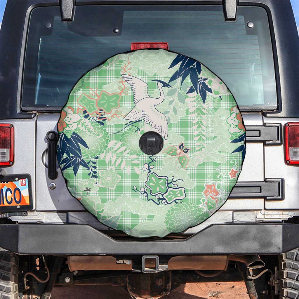 Green Palaka Crane and Flowers Spare Tire Cover Japan Heritage Spirit - Polynesian Pride