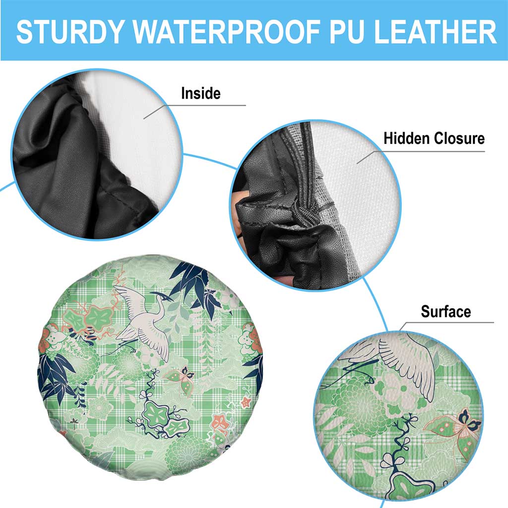 Green Palaka Crane and Flowers Spare Tire Cover Japan Heritage Spirit - Polynesian Pride