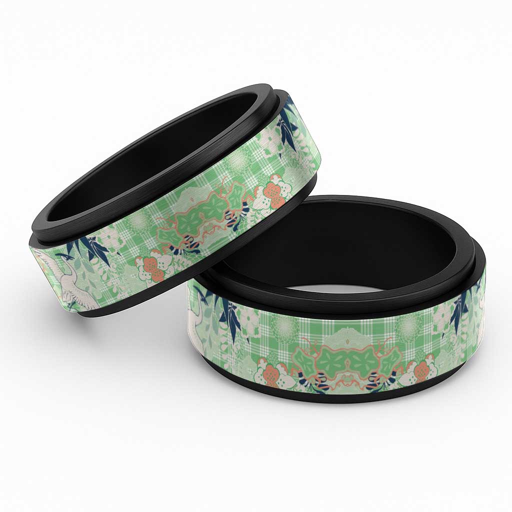 Green Palaka Crane and Flowers Spinner Ring Japan Heritage Spirit - Polynesian Pride