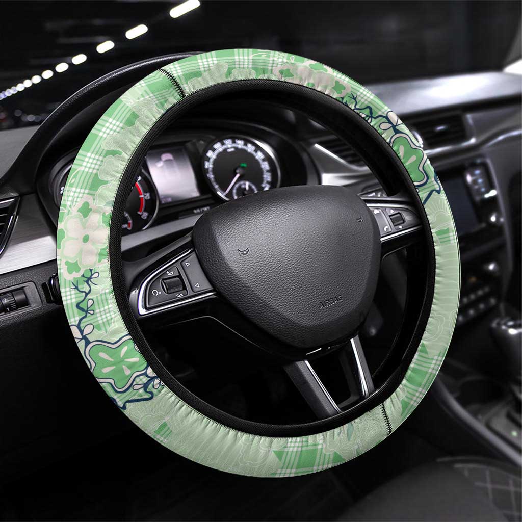 Green Palaka Crane and Flowers Steering Wheel Cover Japan Heritage Spirit - Polynesian Pride