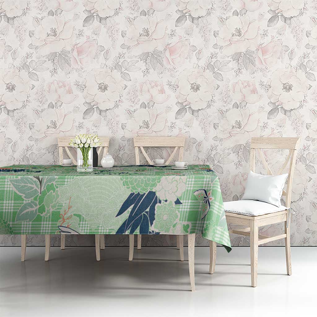 Green Palaka Crane and Flowers Tablecloth Japan Heritage Spirit - Polynesian Pride