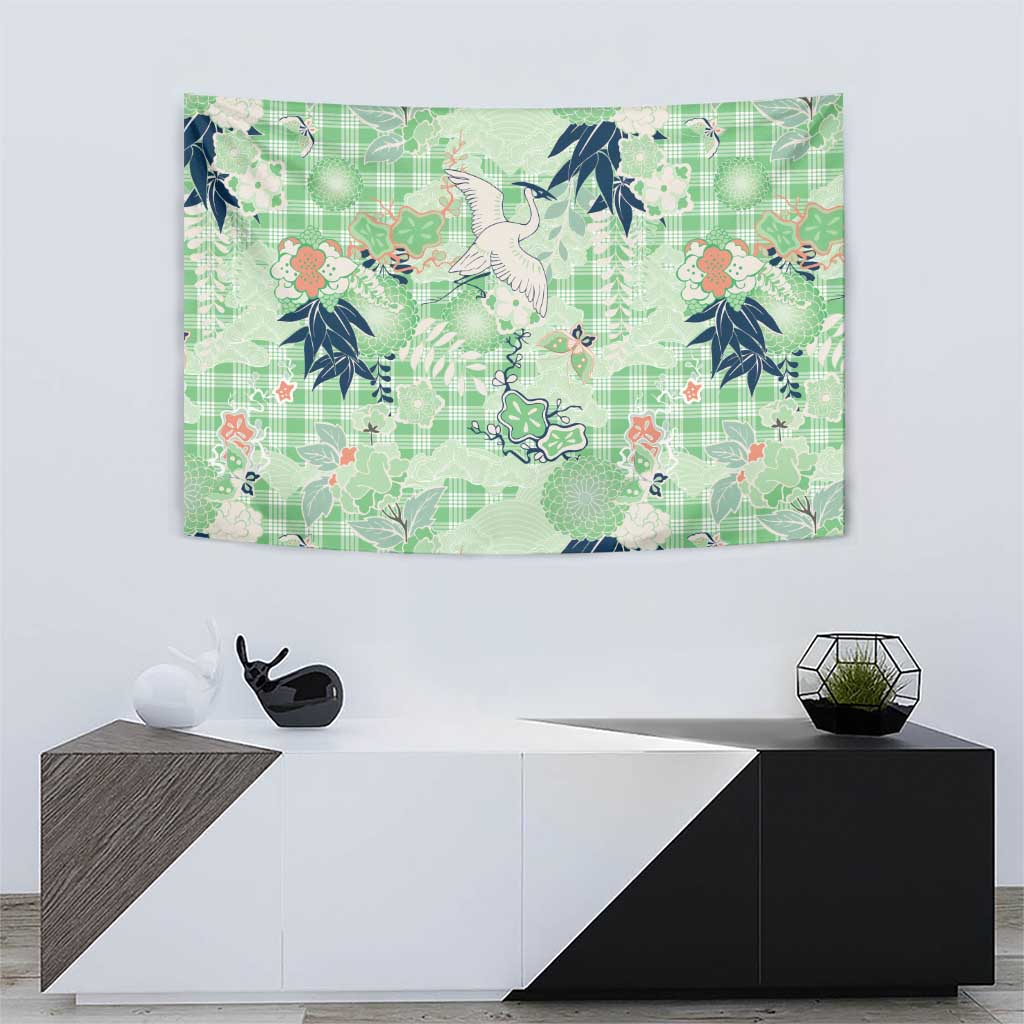 Green Palaka Crane and Flowers Tapestry Japan Heritage Spirit - Polynesian Pride