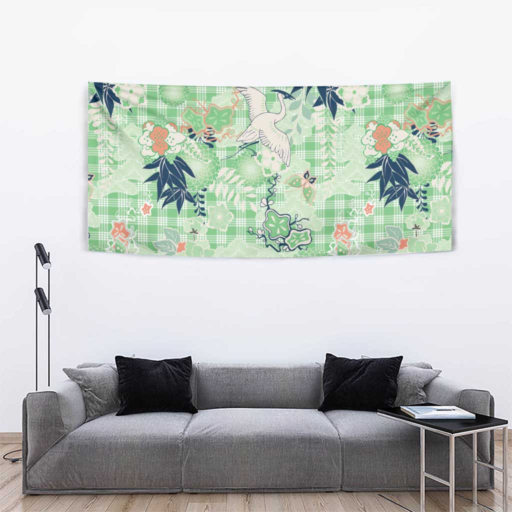 Green Palaka Crane and Flowers Tapestry Japan Heritage Spirit - Polynesian Pride