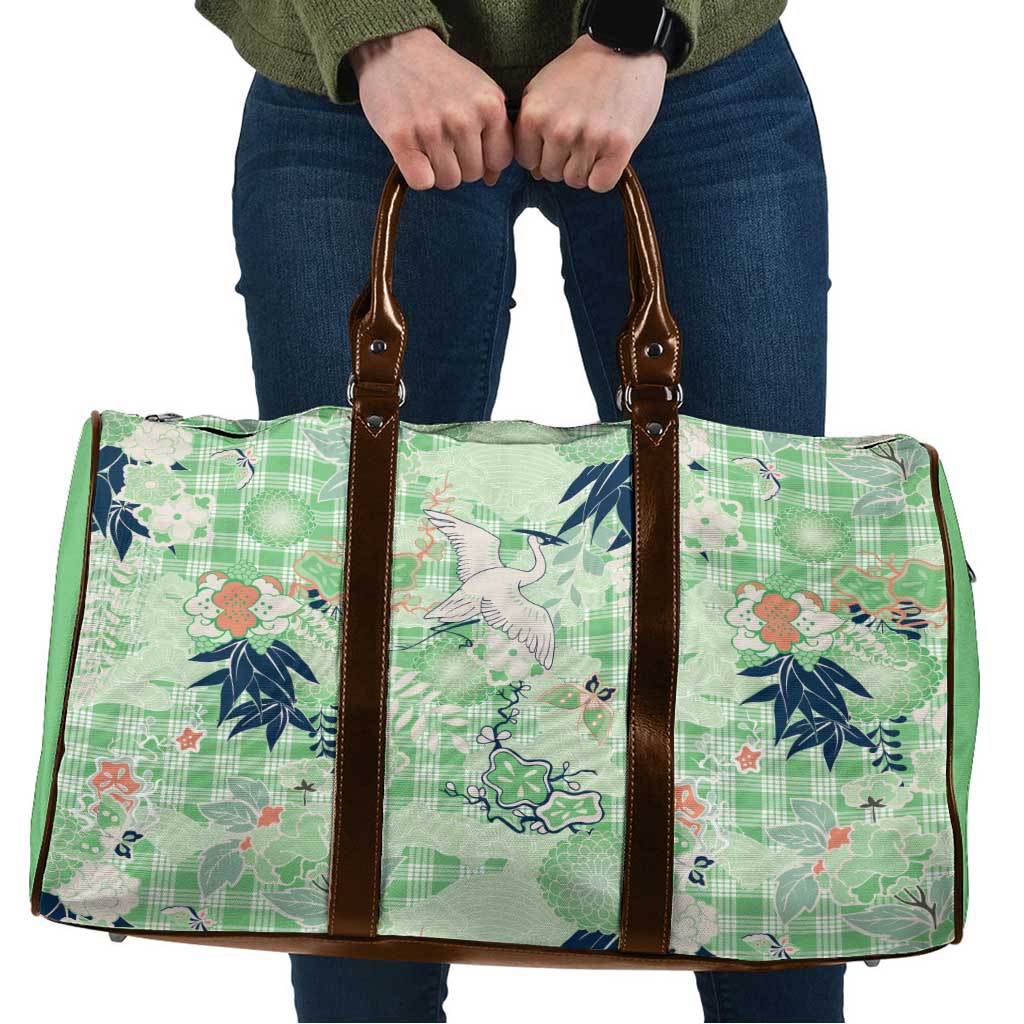 Green Palaka Crane and Flowers Travel Bag Japan Heritage Spirit - Polynesian Pride