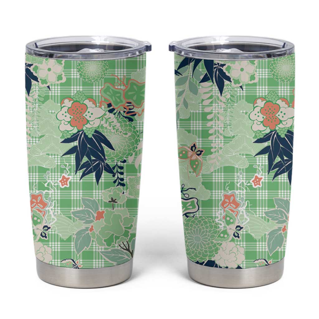 Green Palaka Crane and Flowers Tumbler Cup Japan Heritage Spirit - Polynesian Pride