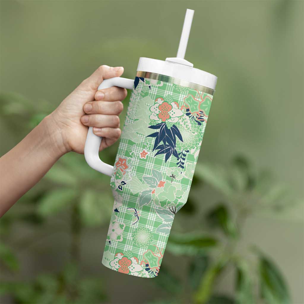 Green Palaka Crane and Flowers Tumbler With Handle Japan Heritage Spirit - Polynesian Pride