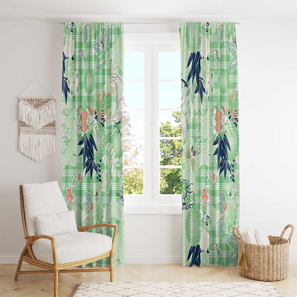 Green Palaka Crane and Flowers Window Curtain Japan Heritage Spirit - Polynesian Pride
