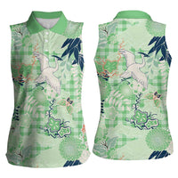 Green Palaka Crane and Flowers Women Sleeveless Polo Shirt Japan Heritage Spirit - Polynesian Pride