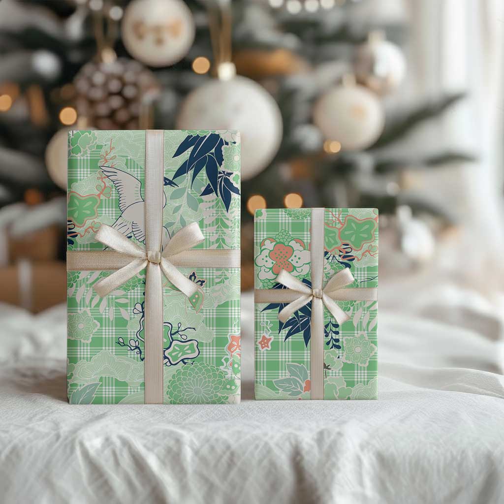 Green Palaka Crane and Flowers Wrapping Paper Japan Heritage Spirit - Polynesian Pride