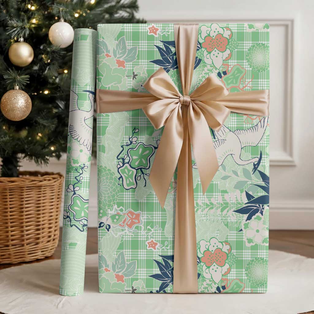 Green Palaka Crane and Flowers Wrapping Paper Japan Heritage Spirit - Polynesian Pride