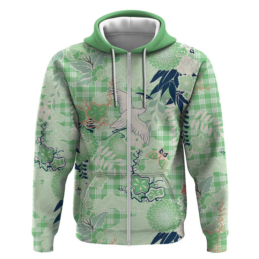 Green Palaka Crane and Flowers Zip Hoodie Japan Heritage Spirit - Polynesian Pride