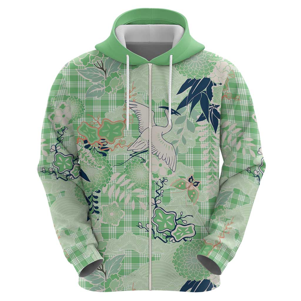 Green Palaka Crane and Flowers Zip Hoodie Japan Heritage Spirit - Polynesian Pride