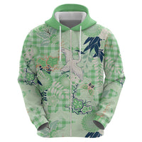 Green Palaka Crane and Flowers Zip Hoodie Japan Heritage Spirit - Polynesian Pride
