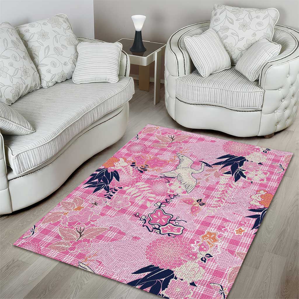 Pink Palaka Crane and Flowers Area Rug Japan Heritage Spirit - Polynesian Pride