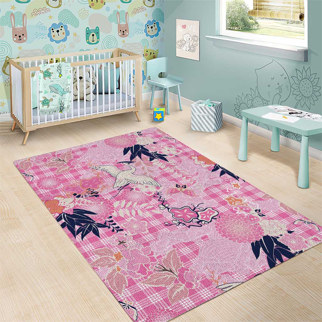 Pink Palaka Crane and Flowers Area Rug Japan Heritage Spirit - Polynesian Pride