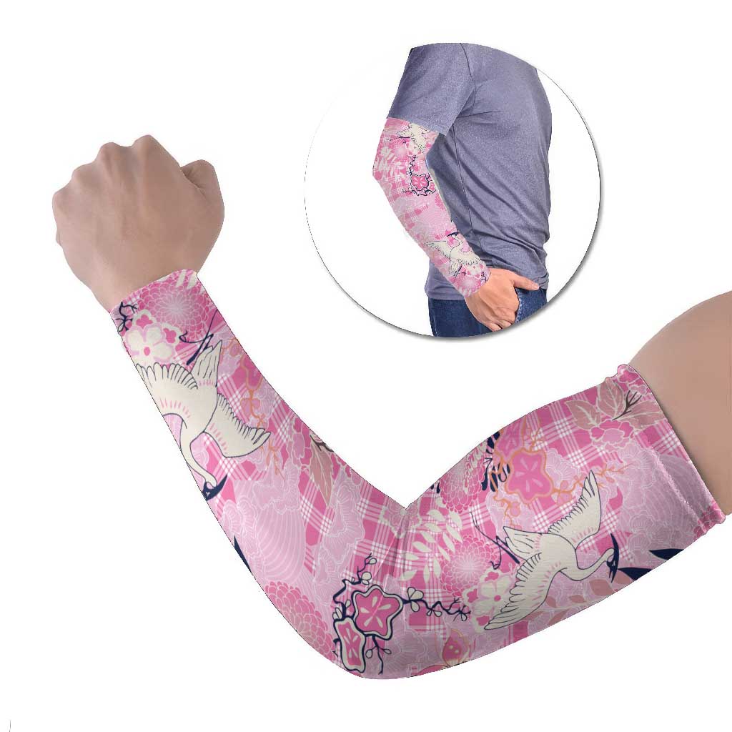 Pink Palaka Crane and Flowers Arm Sleeves Japan Heritage Spirit - Polynesian Pride