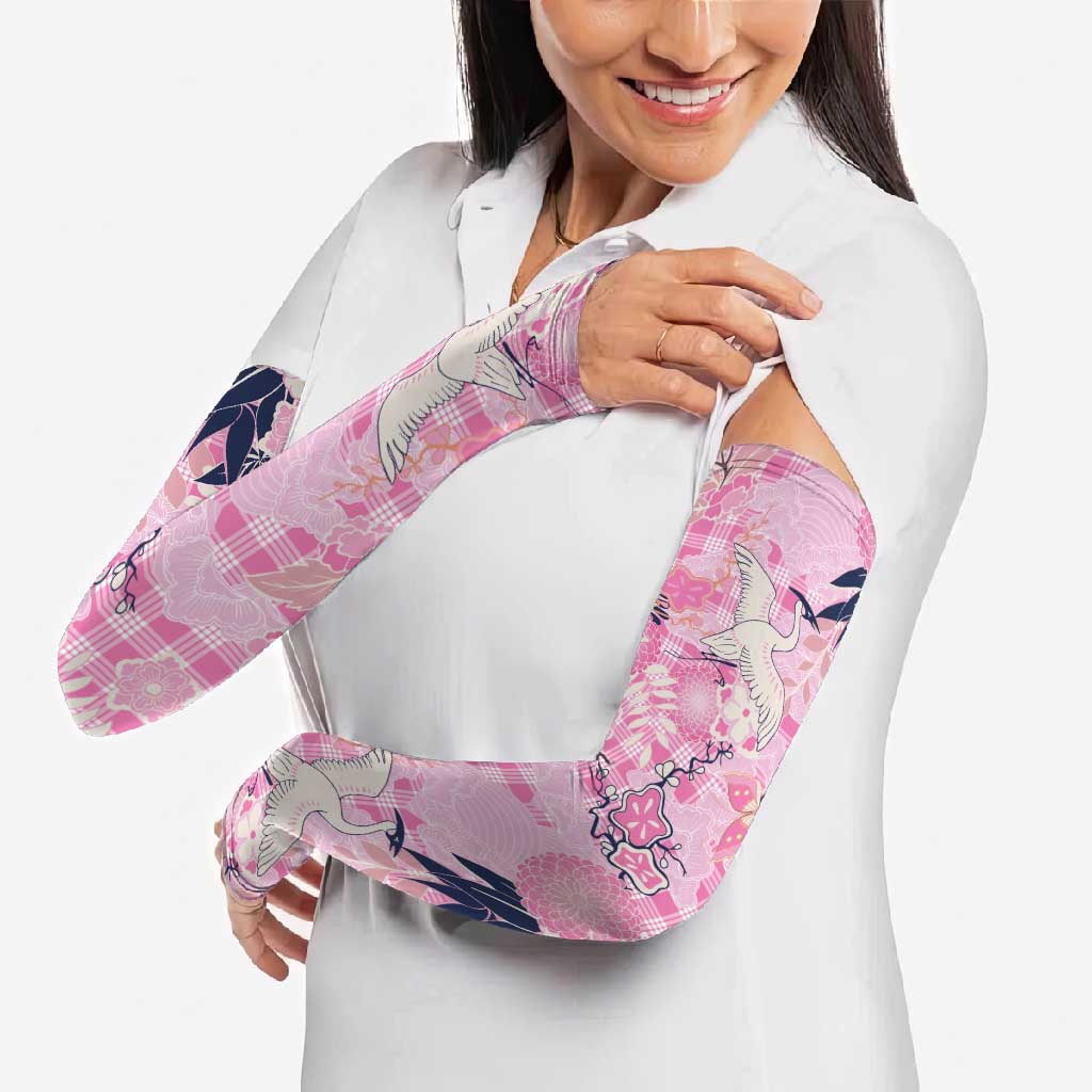 Pink Palaka Crane and Flowers Arm Sleeves Japan Heritage Spirit - Polynesian Pride