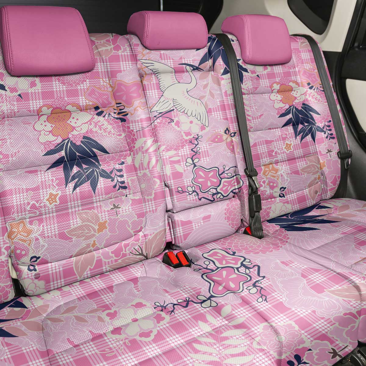 Pink Palaka Crane and Flowers Back Car Seat Cover Japan Heritage Spirit - Polynesian Pride