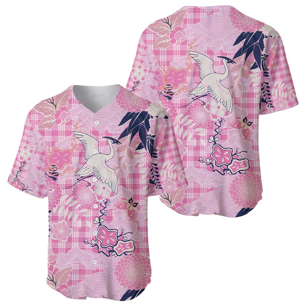 Pink Palaka Crane and Flowers Baseball Jersey Japan Heritage Spirit - Polynesian Pride
