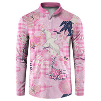 Pink Palaka Crane and Flowers Button Sweatshirt Japan Heritage Spirit - Polynesian Pride