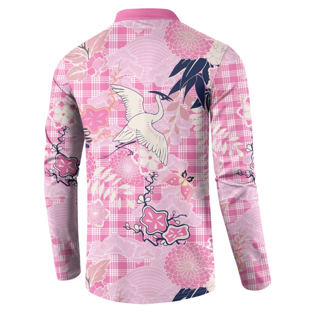 Pink Palaka Crane and Flowers Button Sweatshirt Japan Heritage Spirit - Polynesian Pride