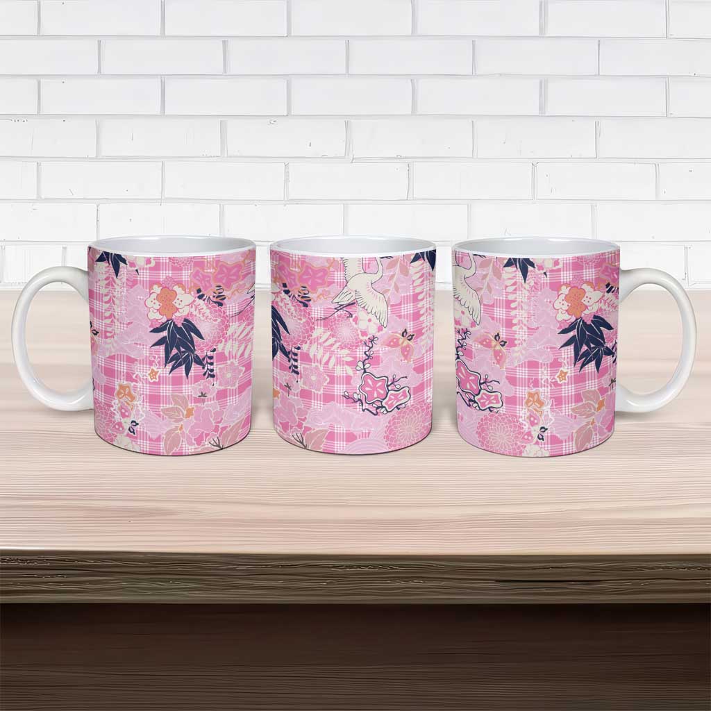 Pink Palaka Crane and Flowers Ceramic Mug Japan Heritage Spirit - Polynesian Pride