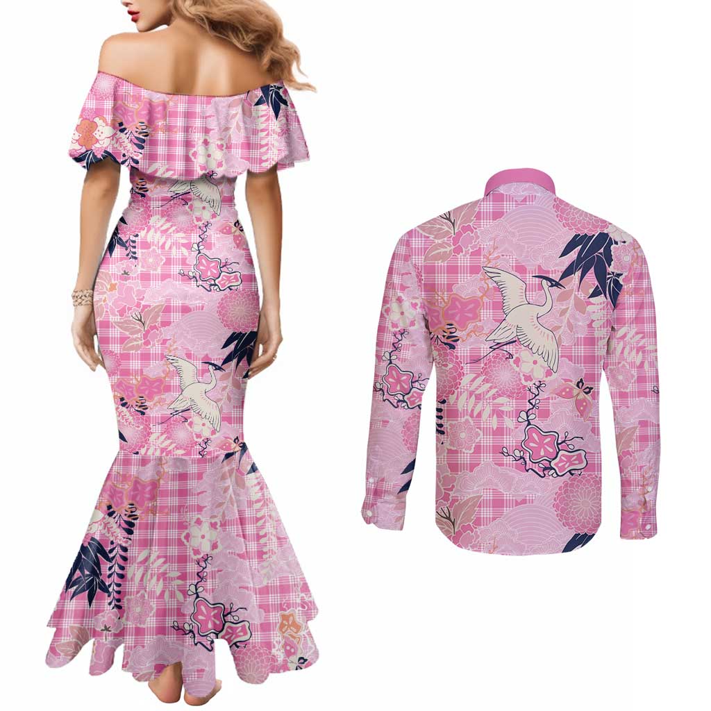 Pink Palaka Crane and Flowers Couples Matching Mermaid Dress and Long Sleeve Button Shirt Japan Heritage Spirit - Polynesian Pride
