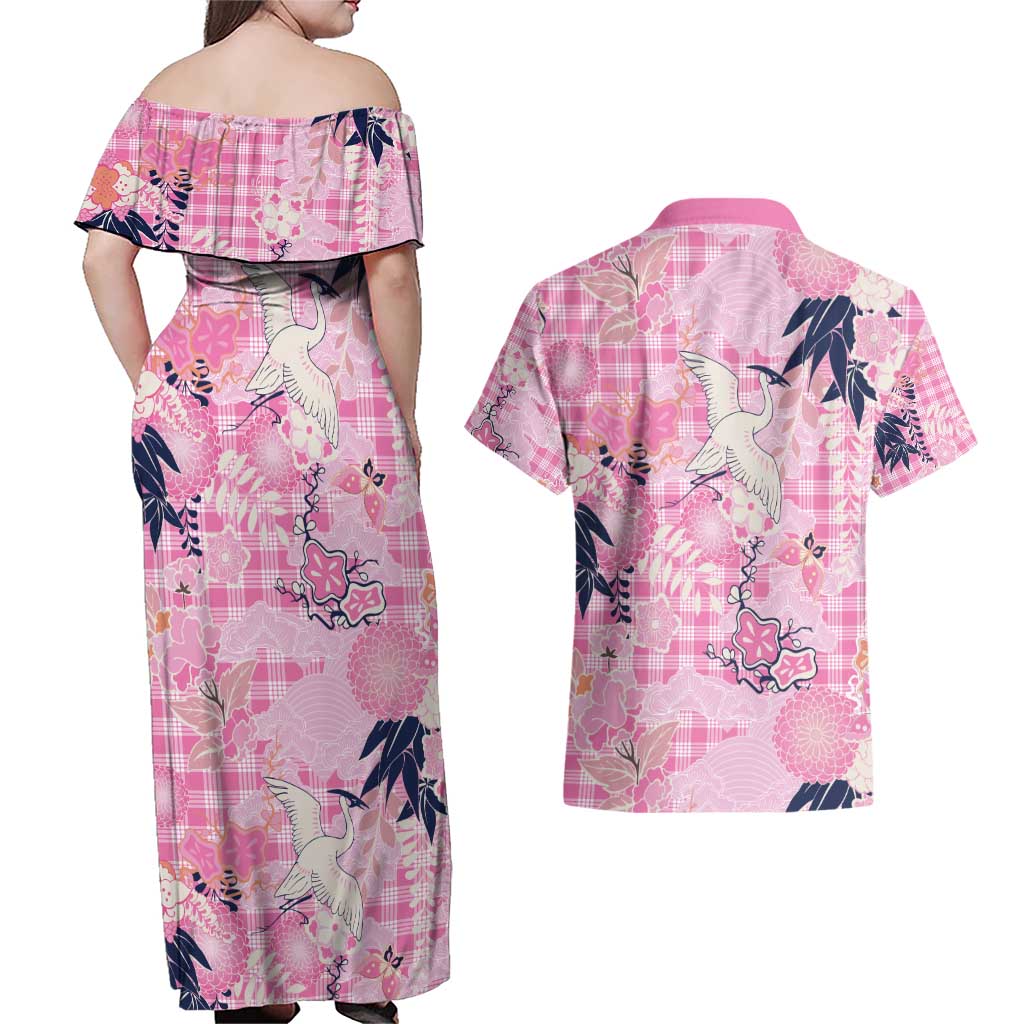 Pink Palaka Crane and Flowers Couples Matching Off Shoulder Maxi Dress and Hawaiian Shirt Japan Heritage Spirit - Polynesian Pride